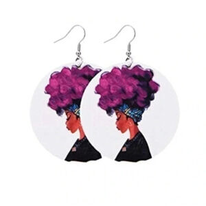 Purple Circle Ethnic Women’s Ladies Large Wood Wooden Drop Earrings